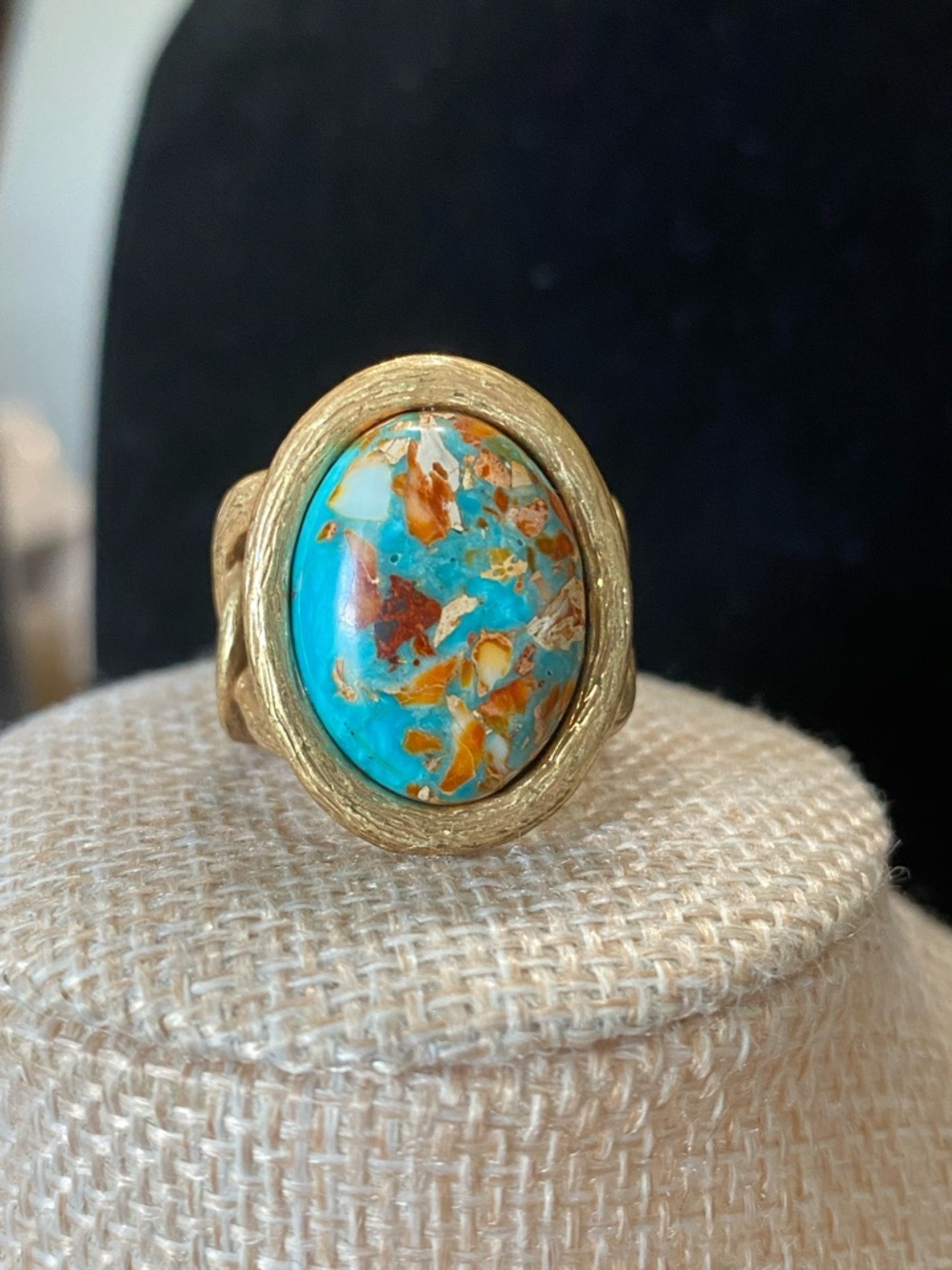Electroplated Copper Ring with Turquoise and Brown Matrix Oval Stone